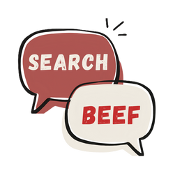 A logo for Search Beef, a red and a white speech bubble overlapping with the title in the bubbles.