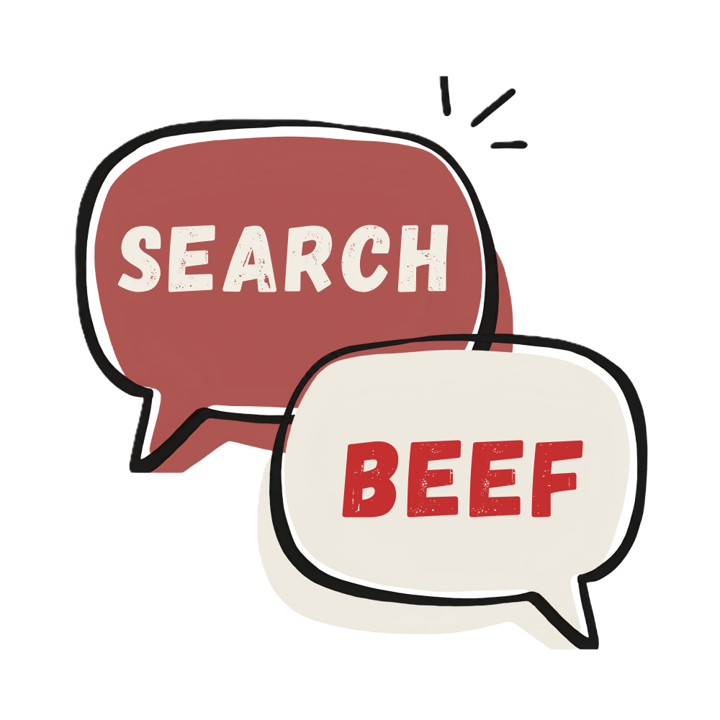 A logo for Search Beef, a red and a white speech bubble overlapping with the title in the bubbles.